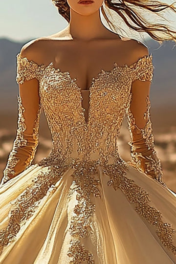 Off The Shoulder Appliqued Ball Gown Gold Lace Quinceanera Dress